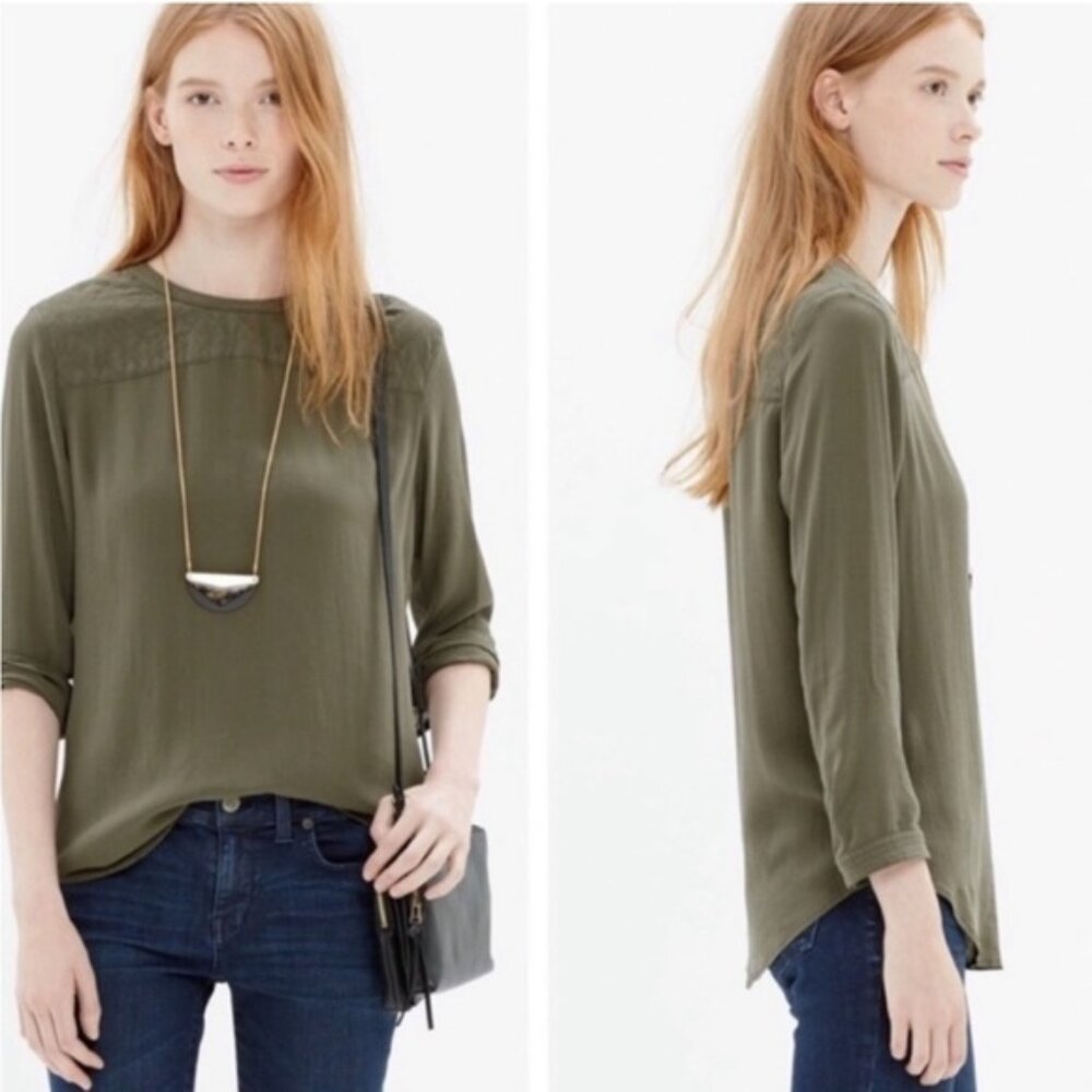GUC - MADEWELL - QUILTED SHOULDER SILK BLOUSE - OLIVE KHAKI GREEN - MEDIUM